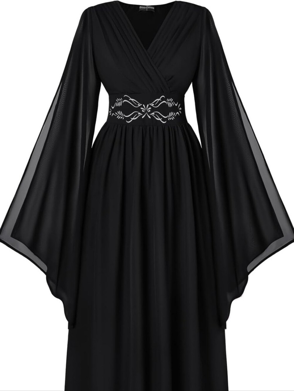 Black Long-Sleeve V-Neck Maxi Dress with Embroidered Waist